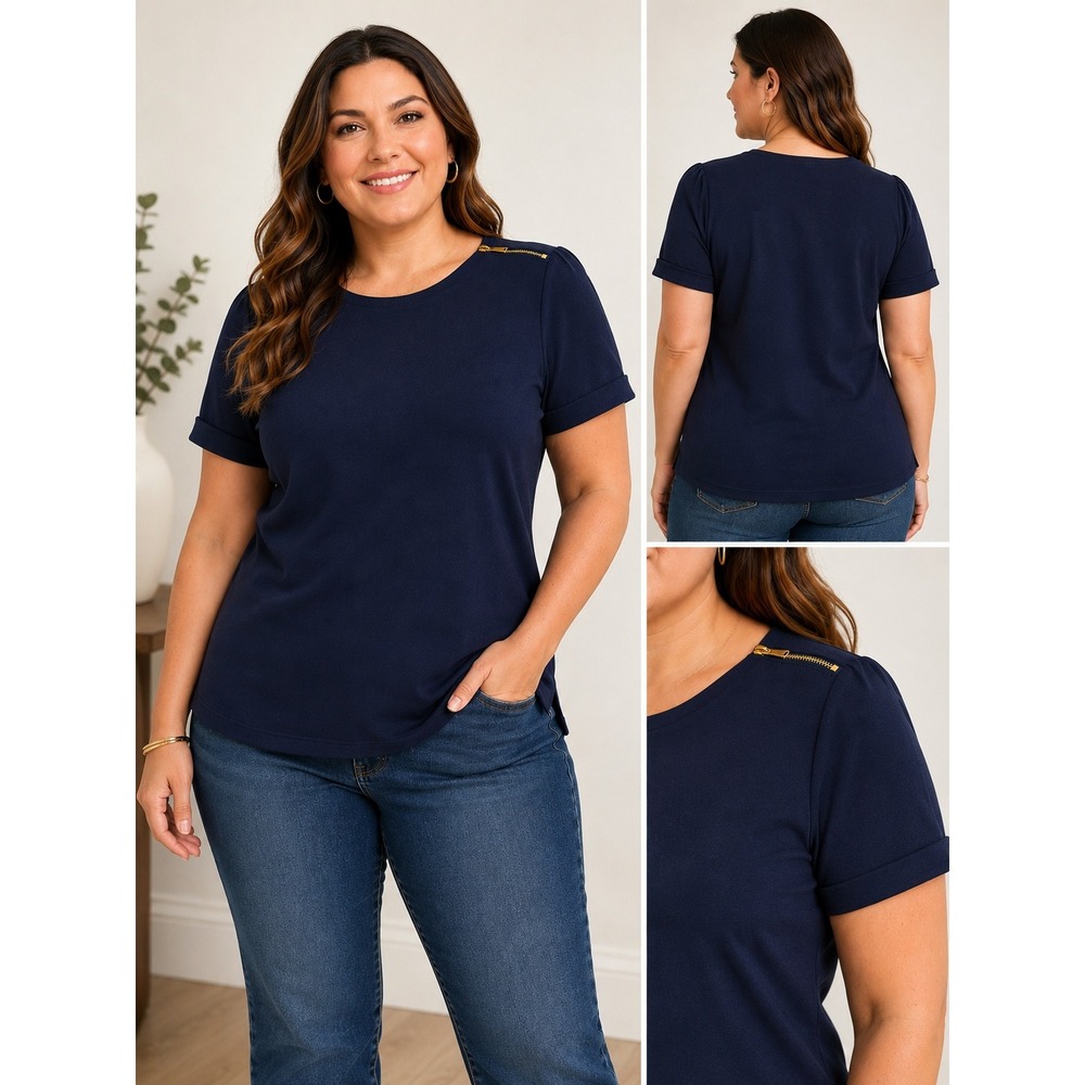 Lauren Ralph Lauren Womens 1X Navy Blue Short Sleeve Knit Top Gold Zip Detail